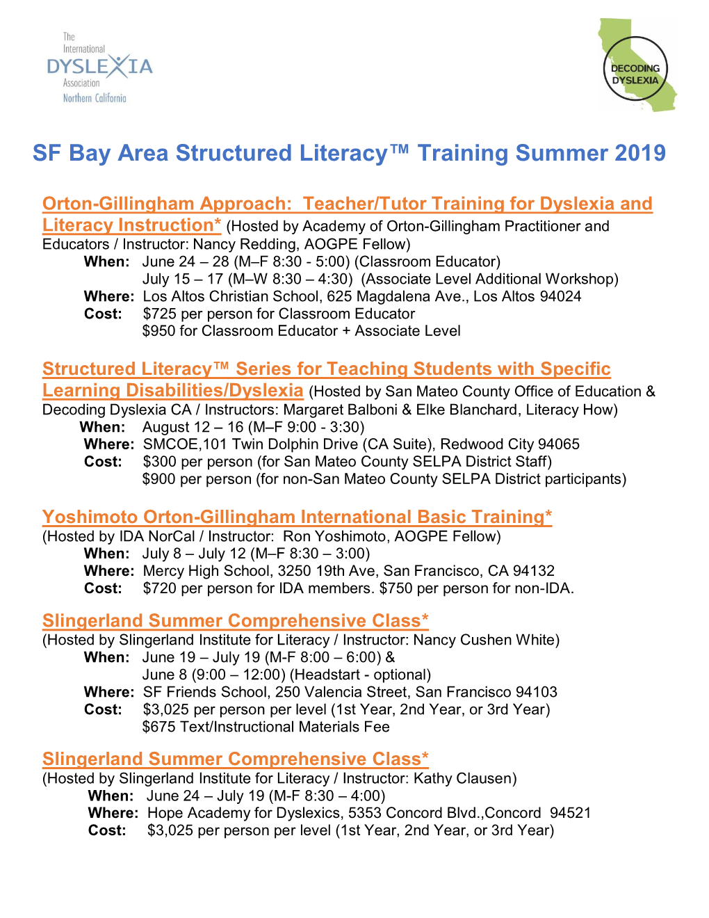 SF Bay Area Structured Literacy™ Training Summer 2019