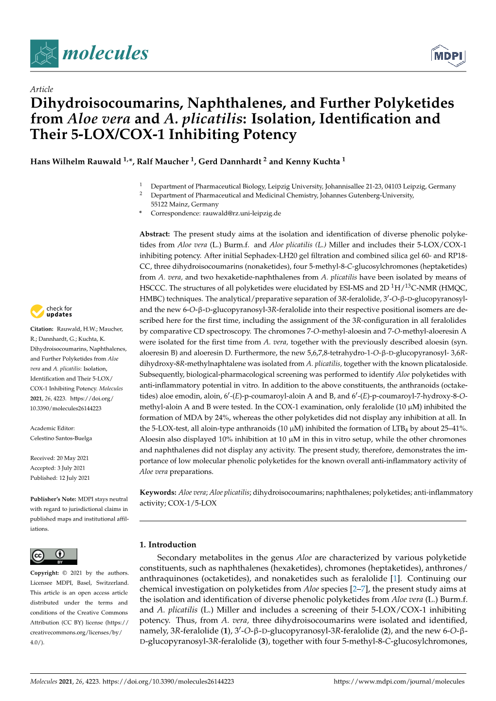 Dihydroisocoumarins, Naphthalenes, and Further Polyketides from Aloe Vera and A