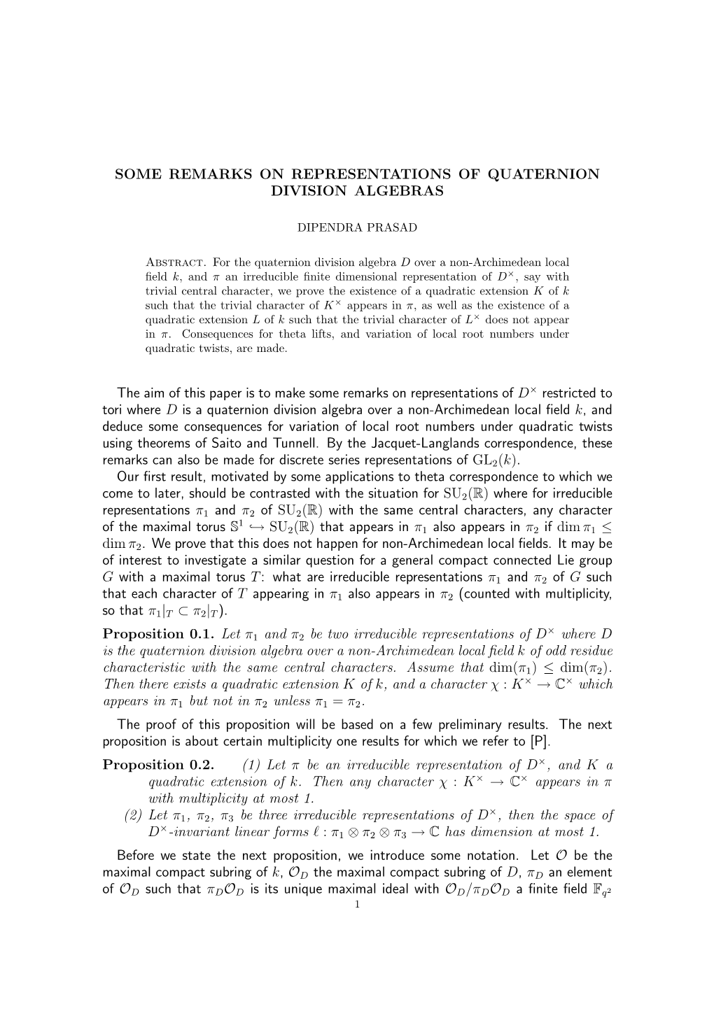 Some Remarks on Representations of Quaternion Division Algebras