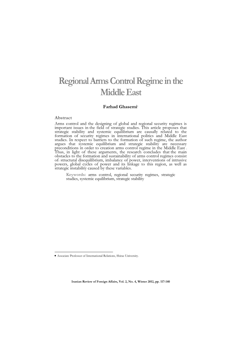 Regional Arms Control Regime in the Middle East