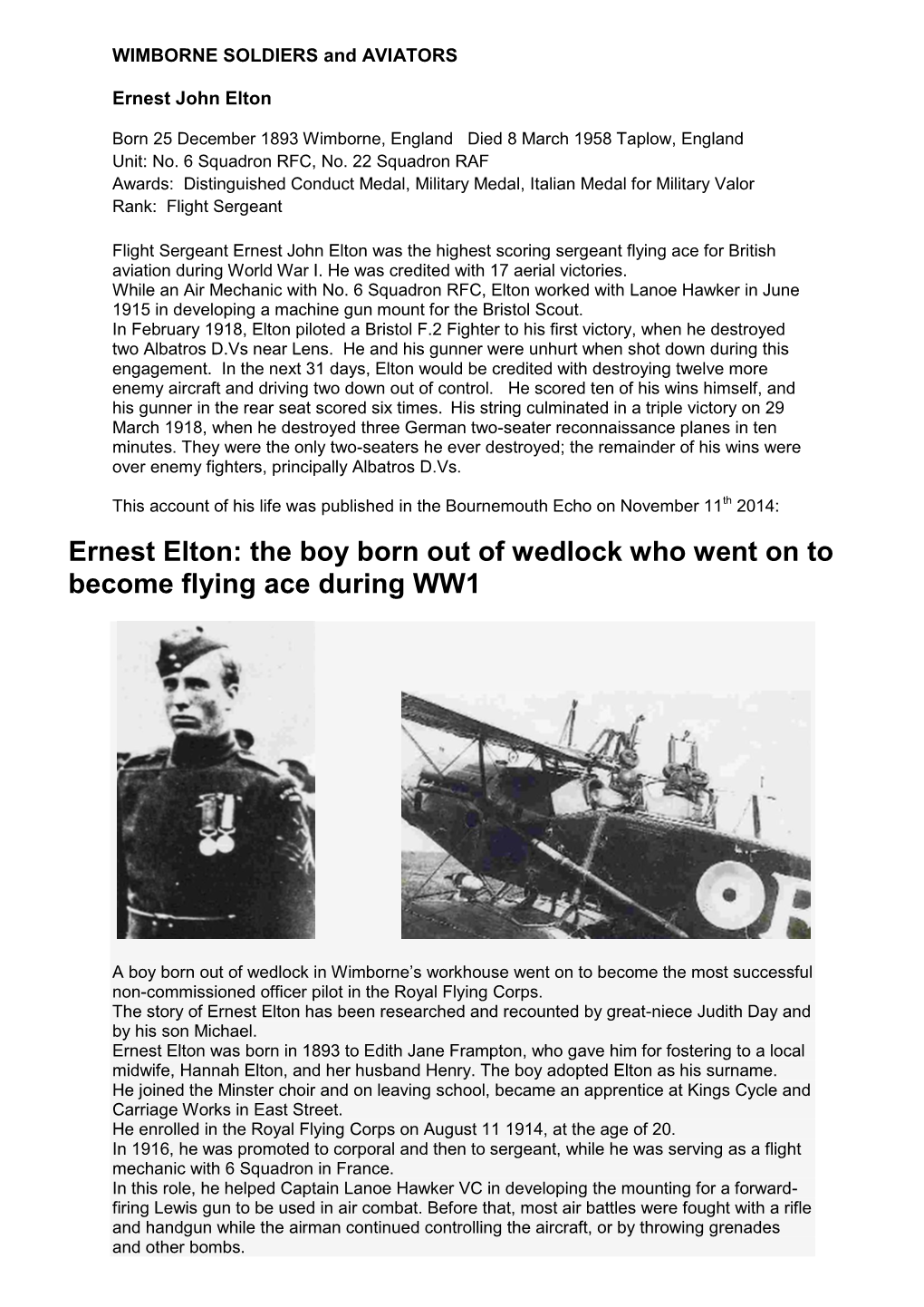 Ernest Elton: the Boy Born out of Wedlock Who Went on to Become Flying Ace During WW1