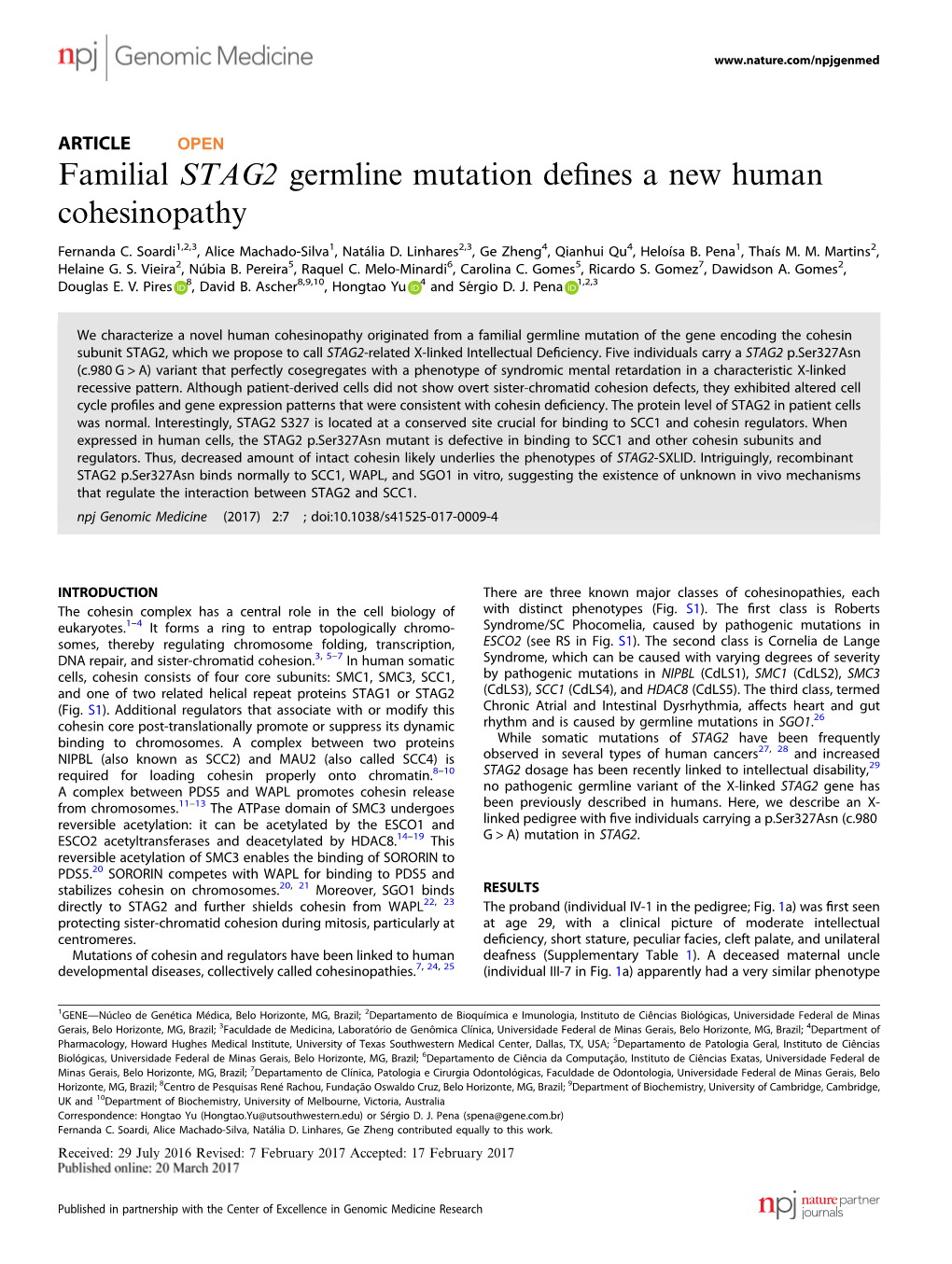 Familial STAG2 Germline Mutation Defines a New