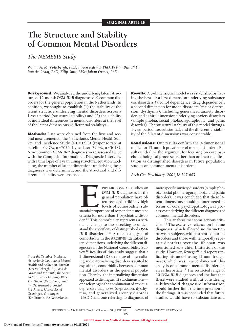 The Structure and Stability of Common Mental Disorders the NEMESIS Study