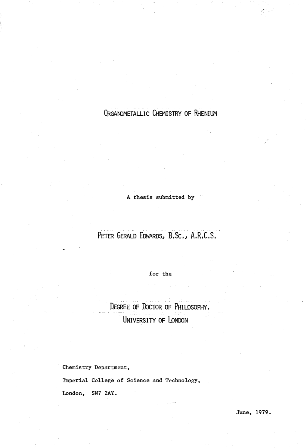 Organometallic Chemistry of Rhenium Peter Gerald