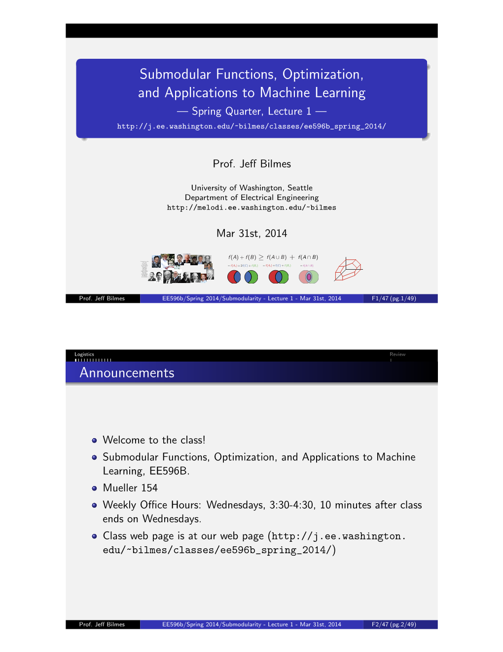 Submodular Functions, Optimization, and Applications to Machine Learning — Spring Quarter, Lecture 1 —