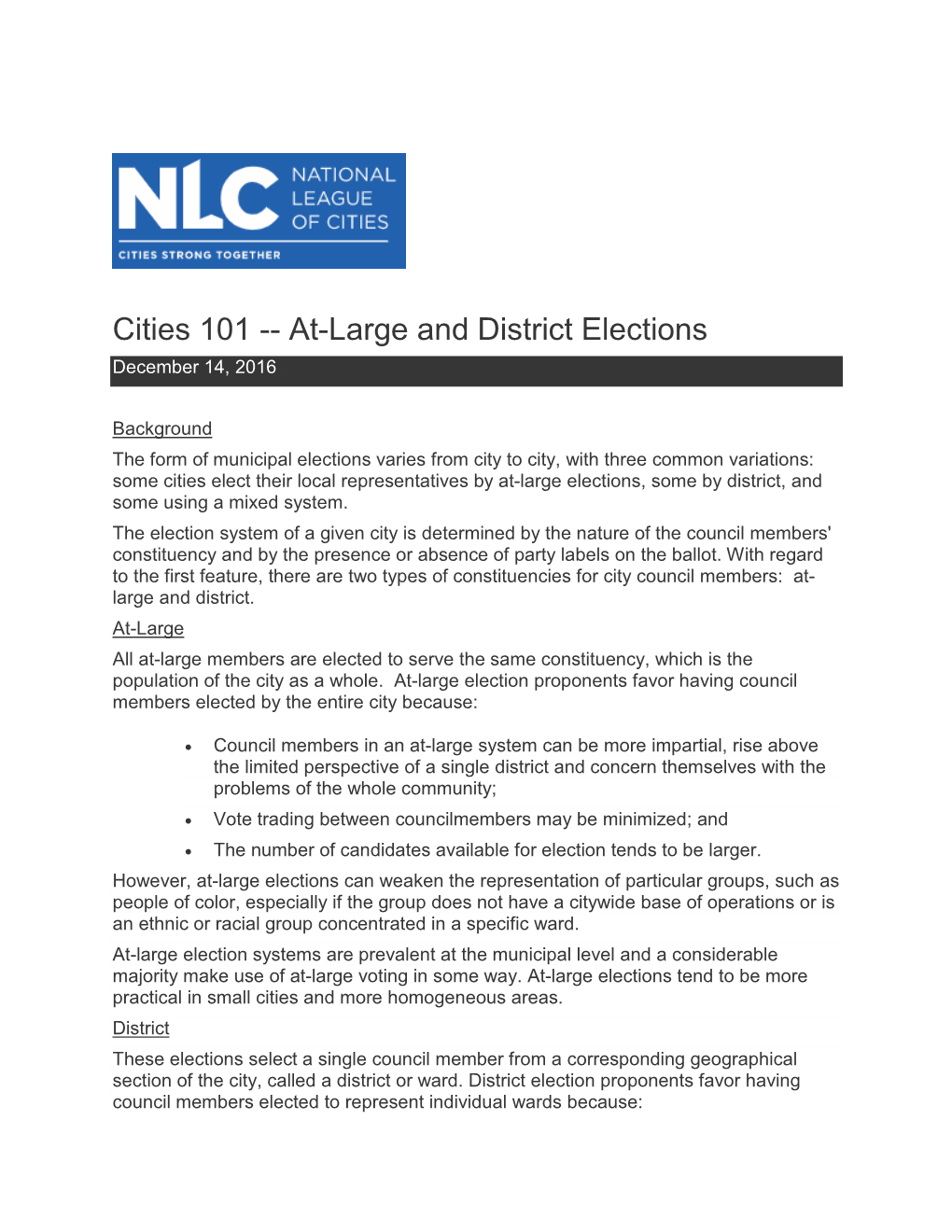 Cities 101 -- At-Large and District Elections December 14, 2016Background