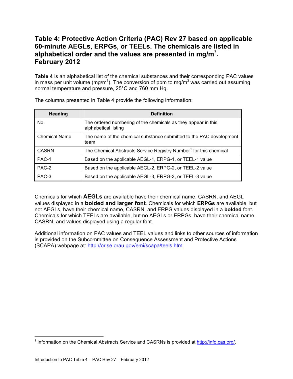 Table 4: Protective Action Criteria (PAC) Rev 27 Based on Applicable 60-Minute Aegls, Erpgs, Or Teels