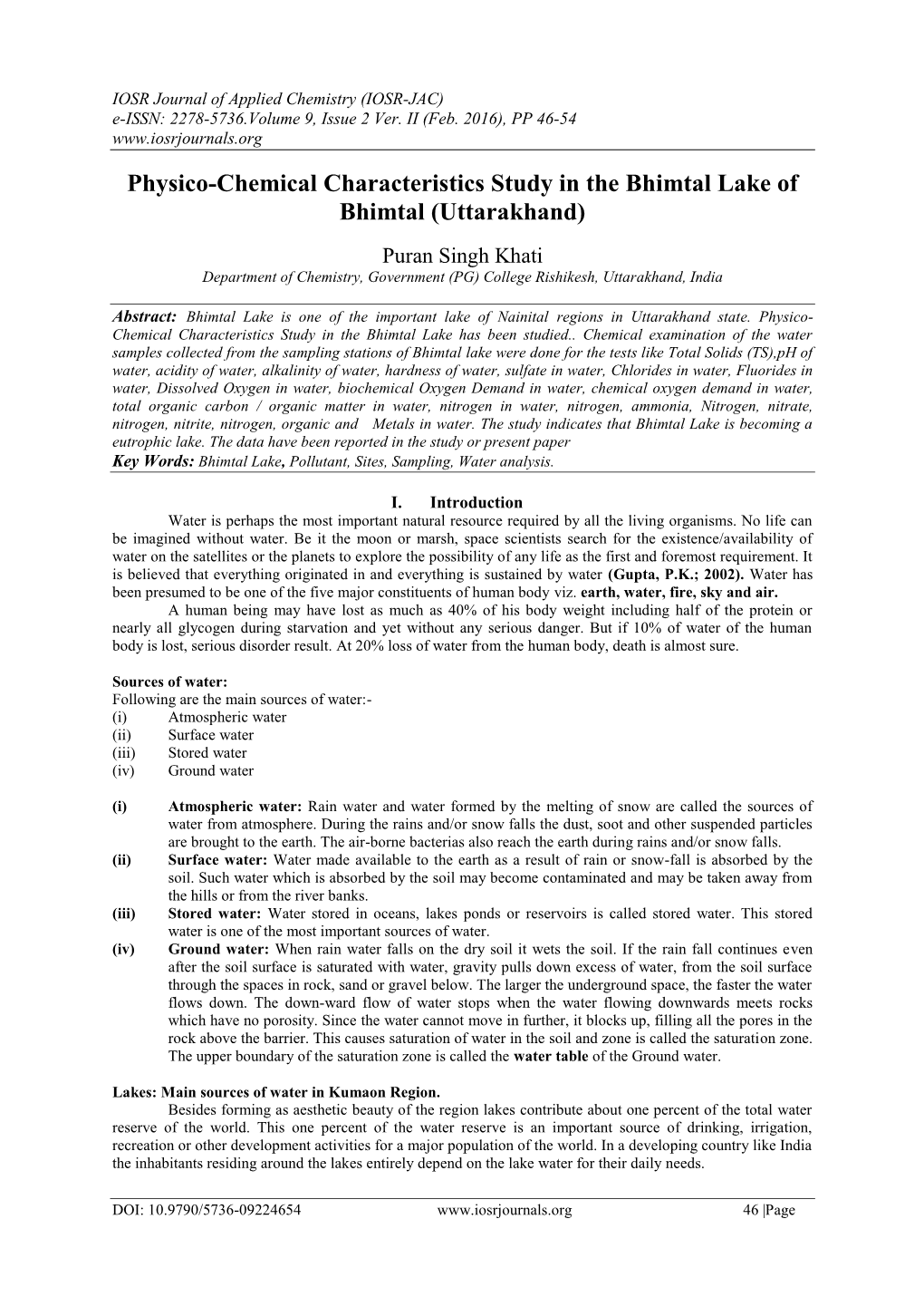 Physico-Chemical Characteristics Study in the Bhimtal Lake of Bhimtal (Uttarakhand)