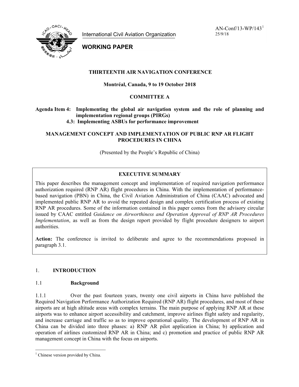 Management Concept and Implementation of Public Rnp Ar Flight Procedures in China