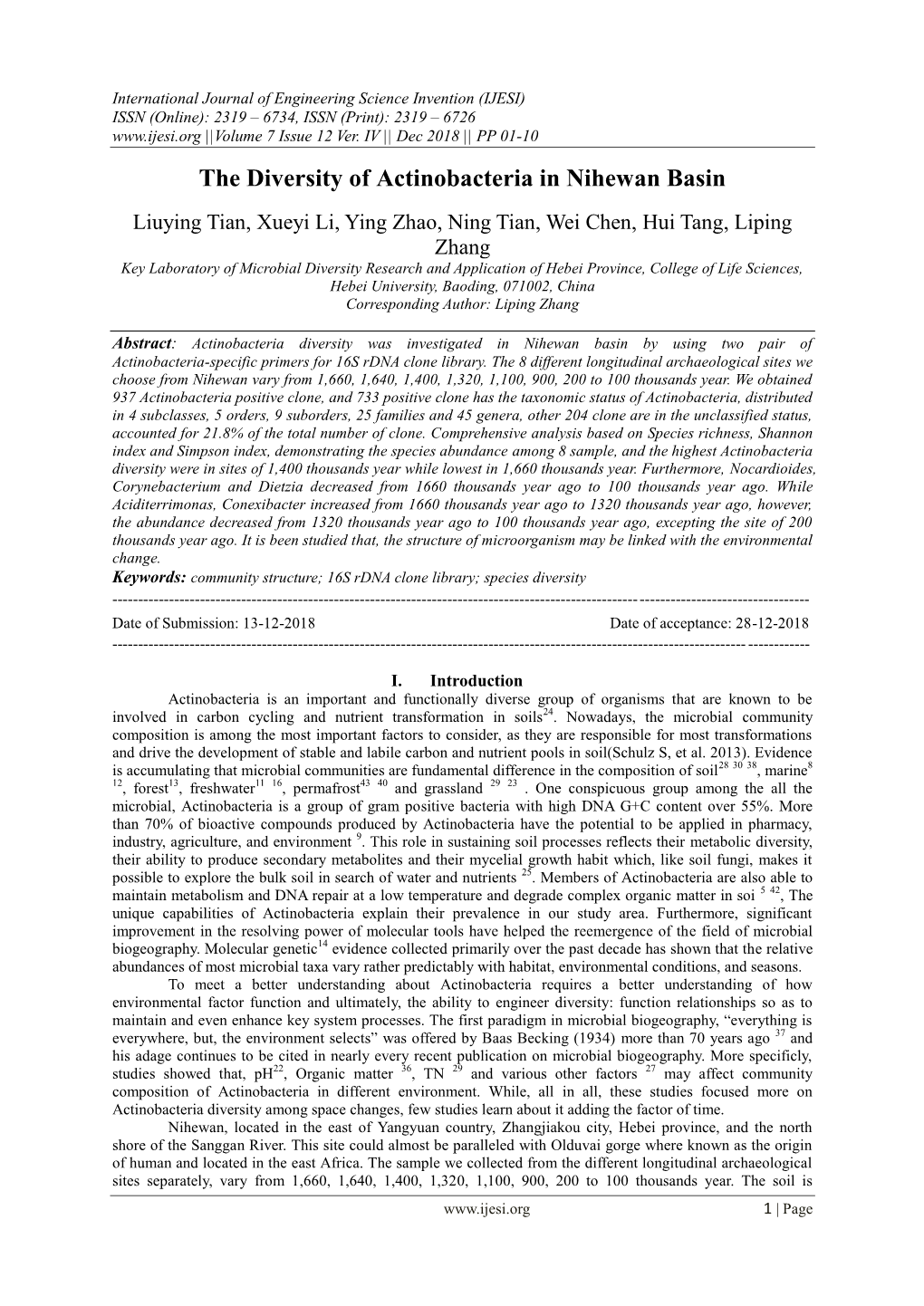 The Diversity of Actinobacteria in Nihewan Basin