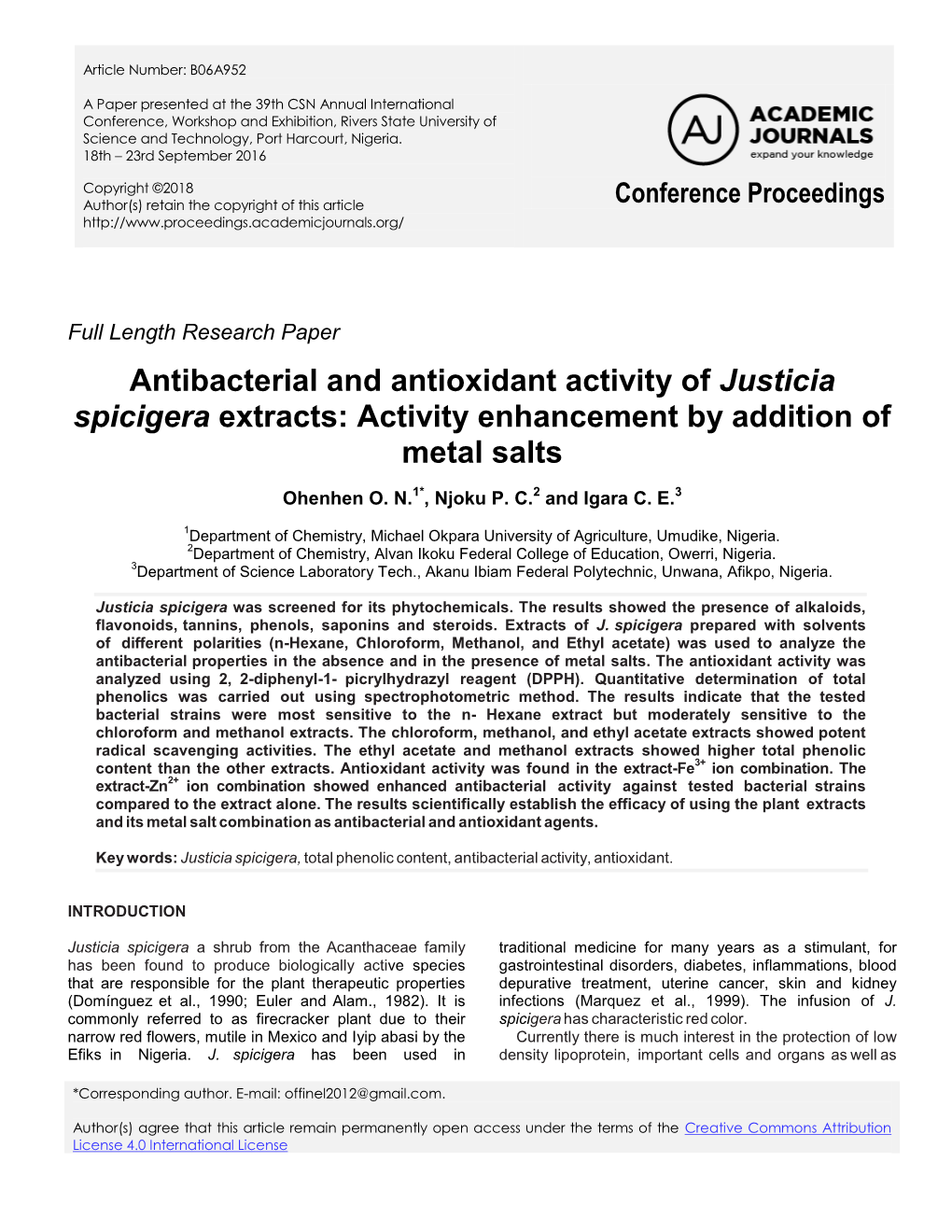 Antibacterial and Antioxidant Activity of Justicia Spicigera Extracts: Activity Enhancement by Addition of Metal Salts