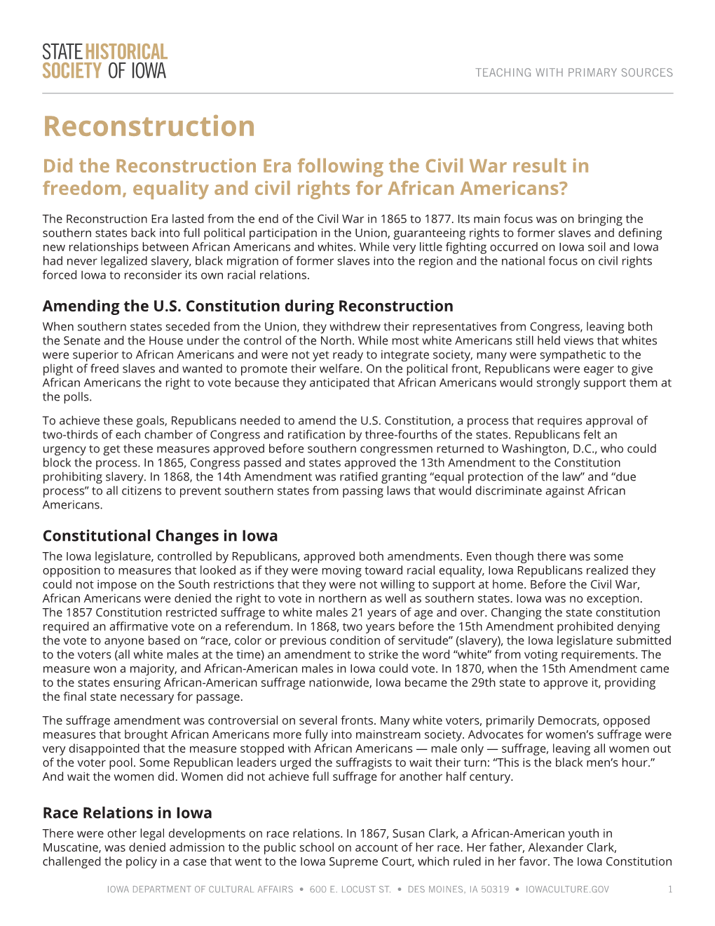 Reconstruction Did the Reconstruction Era Following the Civil War Result in Freedom, Equality and Civil Rights for African Americans?