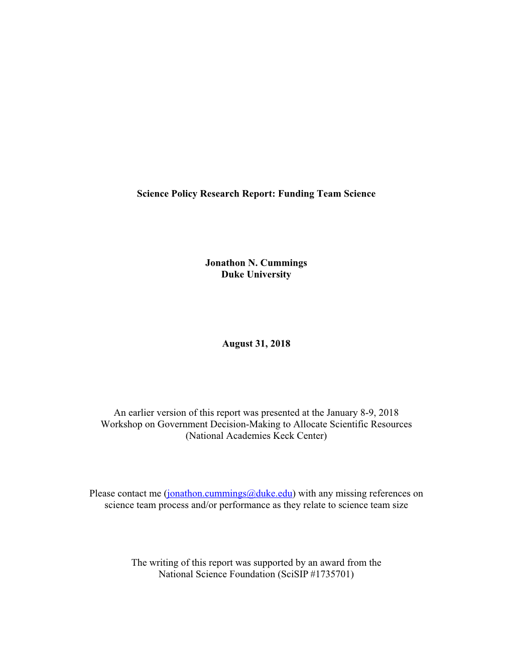 Science Policy Research Report: Funding Team Science