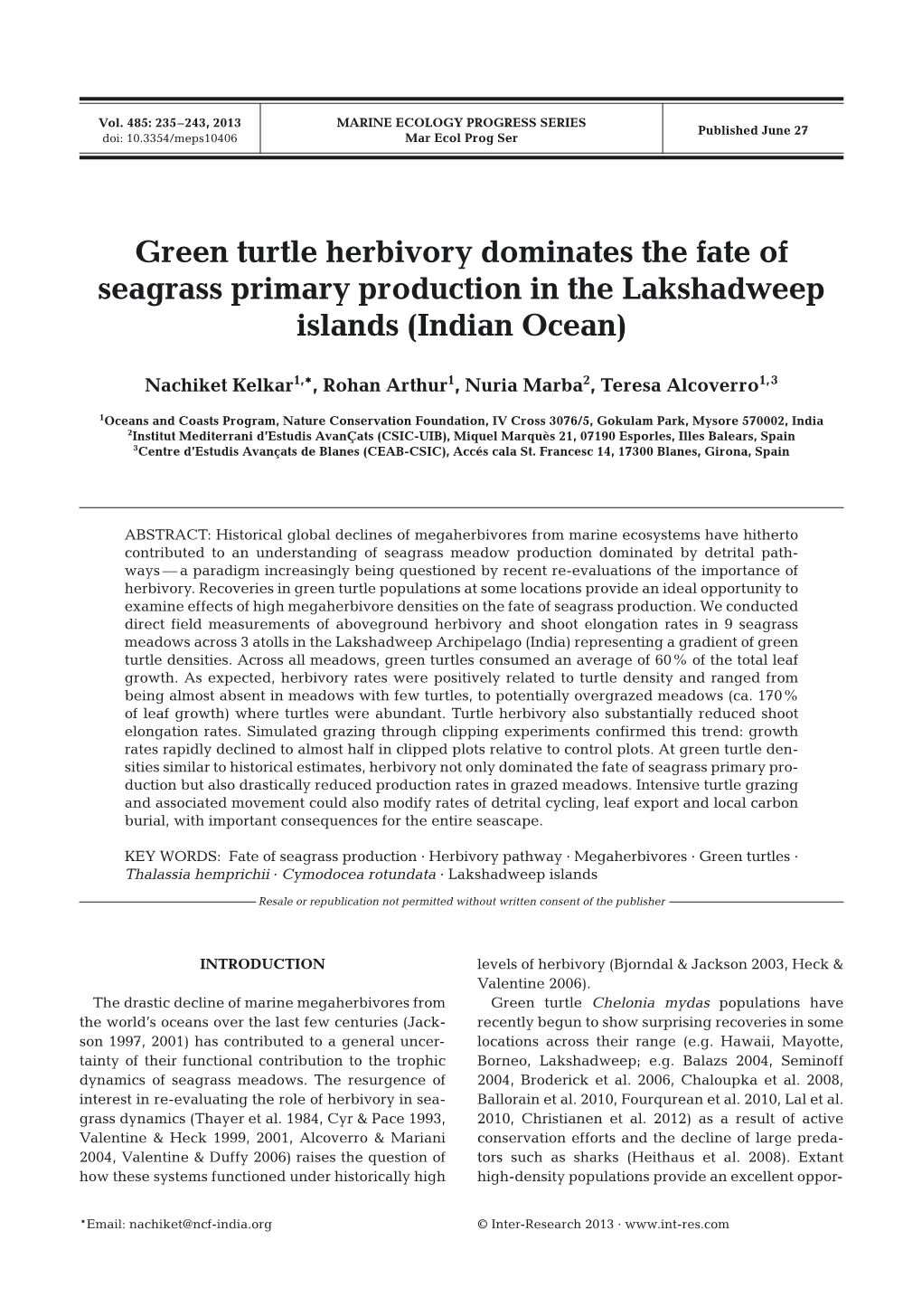 Green Turtle Herbivory Dominates the Fate of Seagrass Primary Production in the Lakshadweep Islands (Indian Ocean)