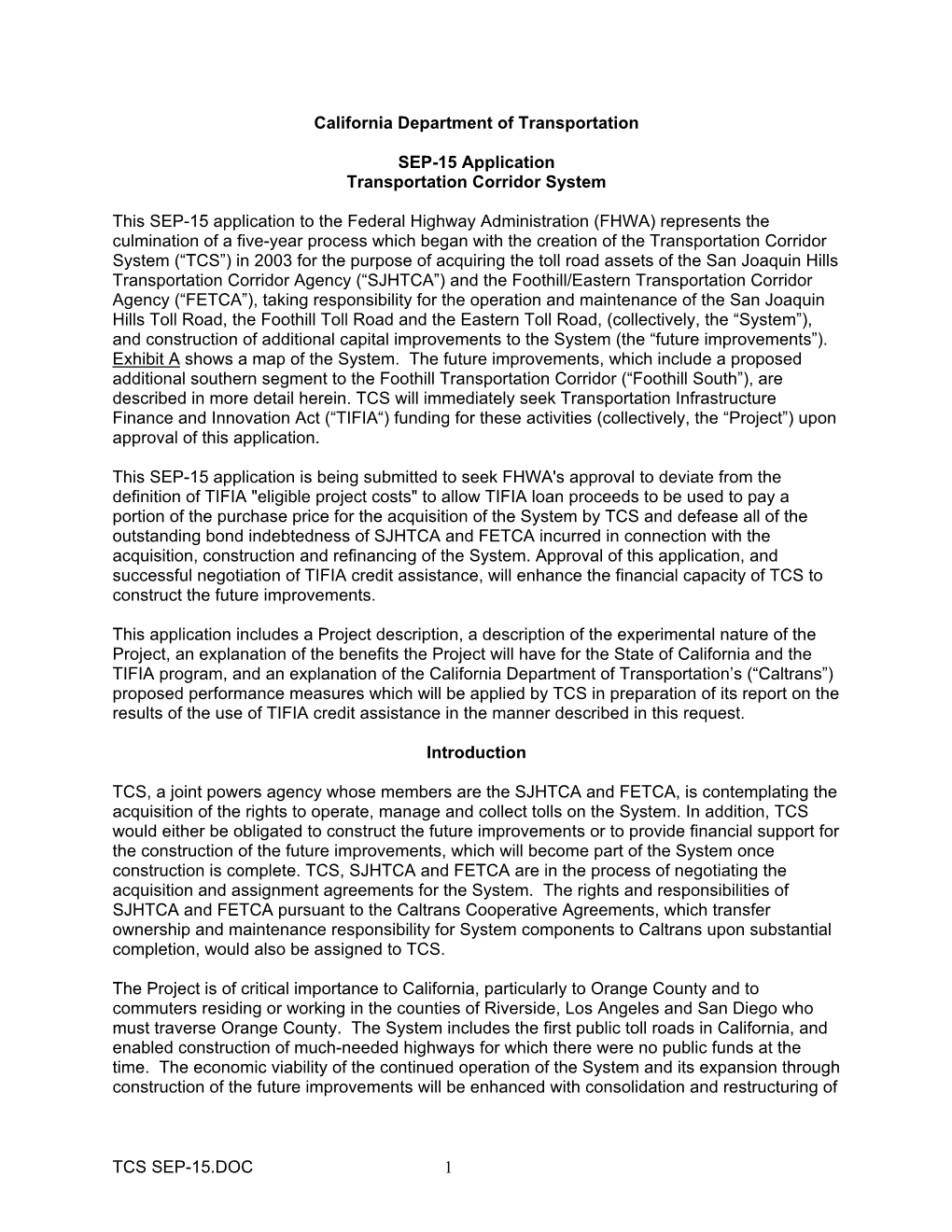 TCS SEP-15.DOC 1 California Department of Transportation SEP