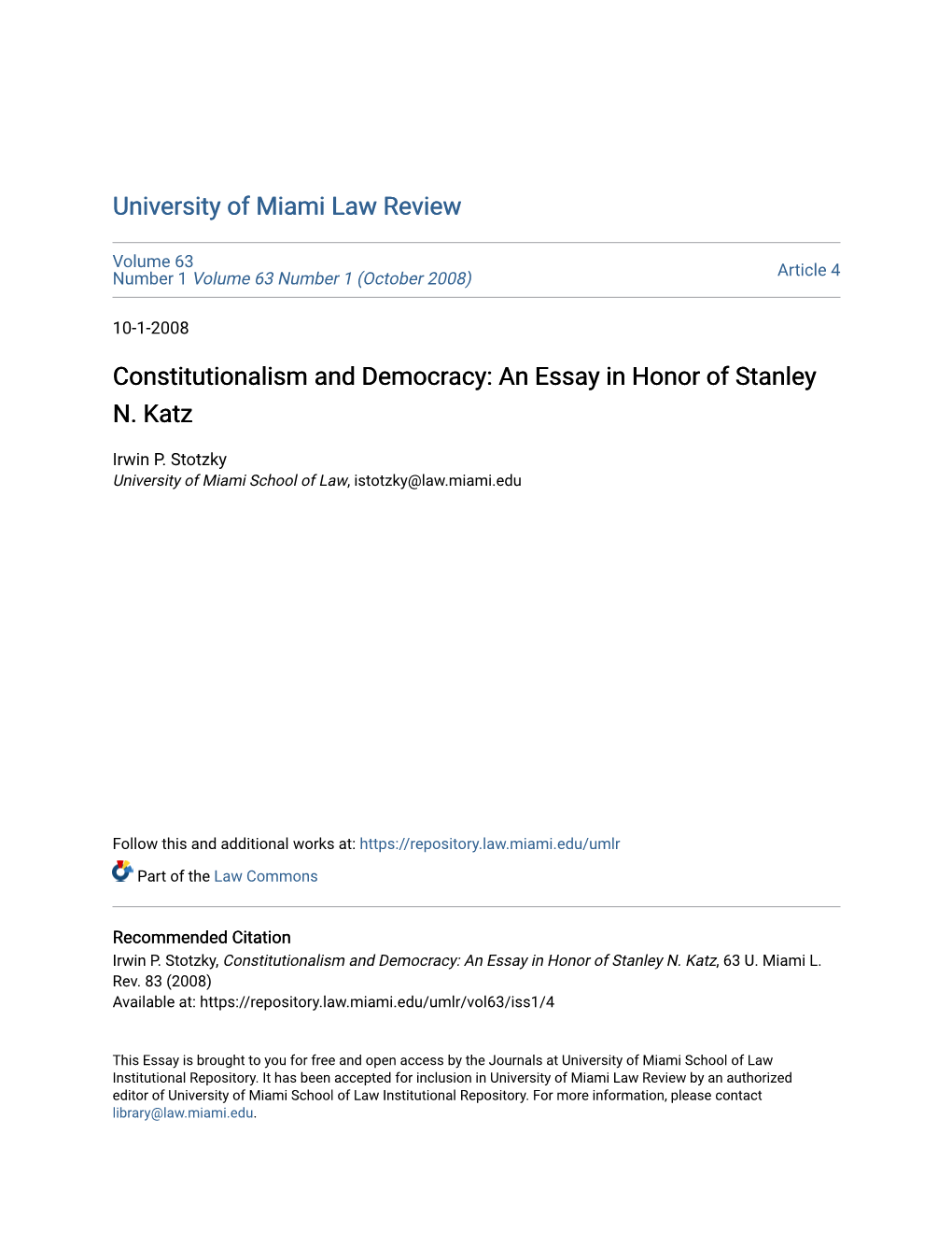 Constitutionalism and Democracy: an Essay in Honor of Stanley N