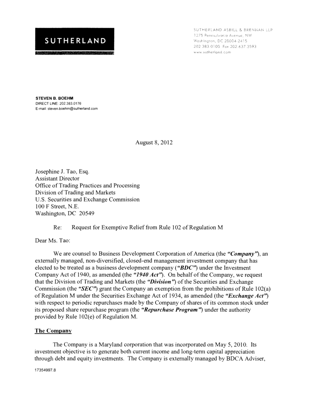 Business Development Corporation of America Request Letter