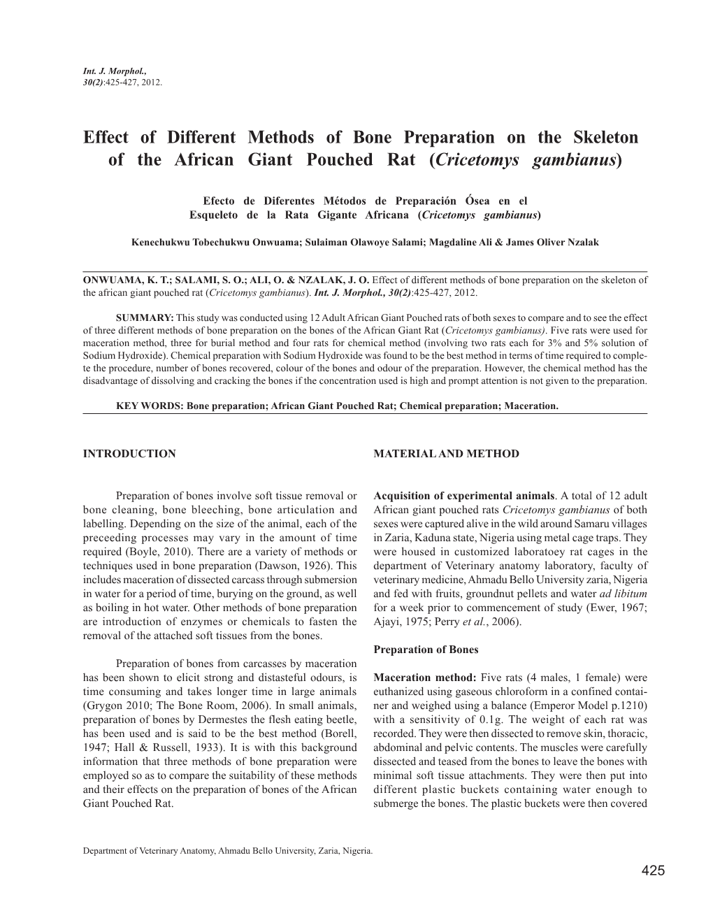 Effect of Different Methods of Bone Preparation on the Skeleton of the African Giant Pouched Rat (Cricetomys Gambianus)