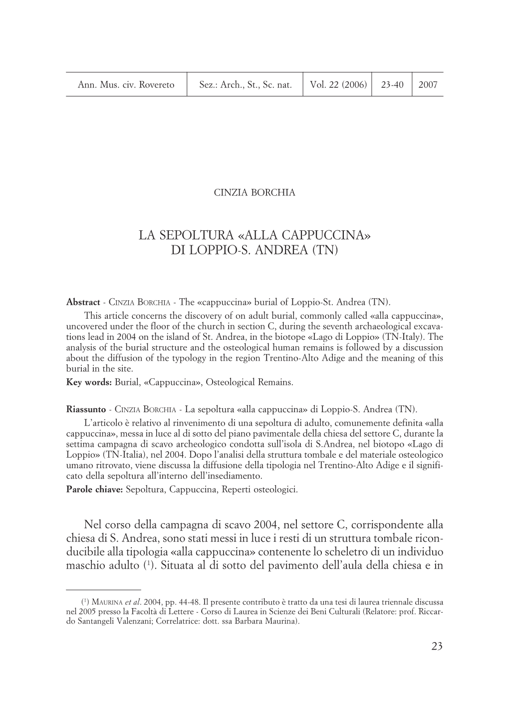 La Sepoltura «Alla Cappuccina» Di Loppio-S Andrea (Tn)