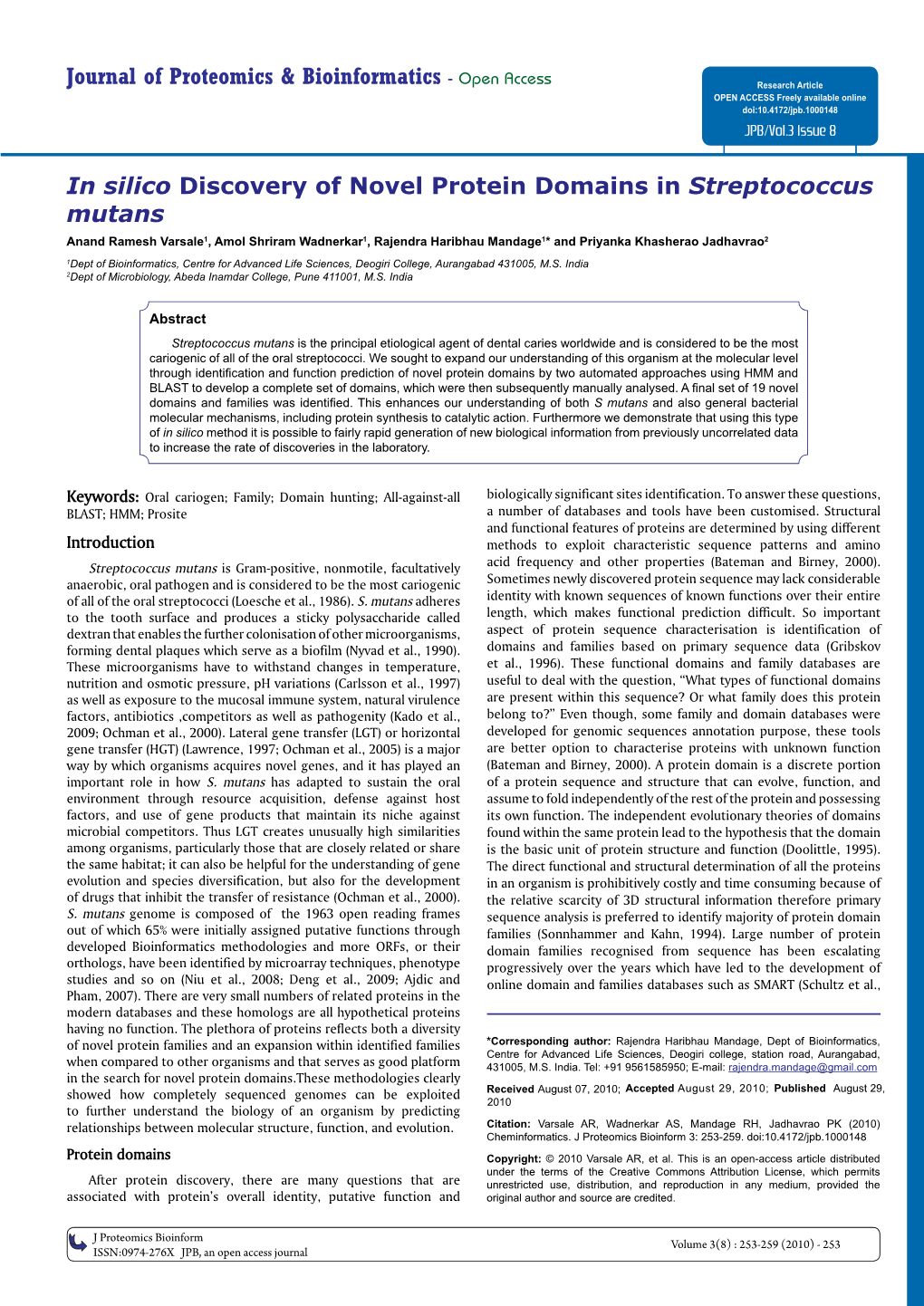 In Silico Discovery of Novel Protein Domains in Streptococcus Mutans