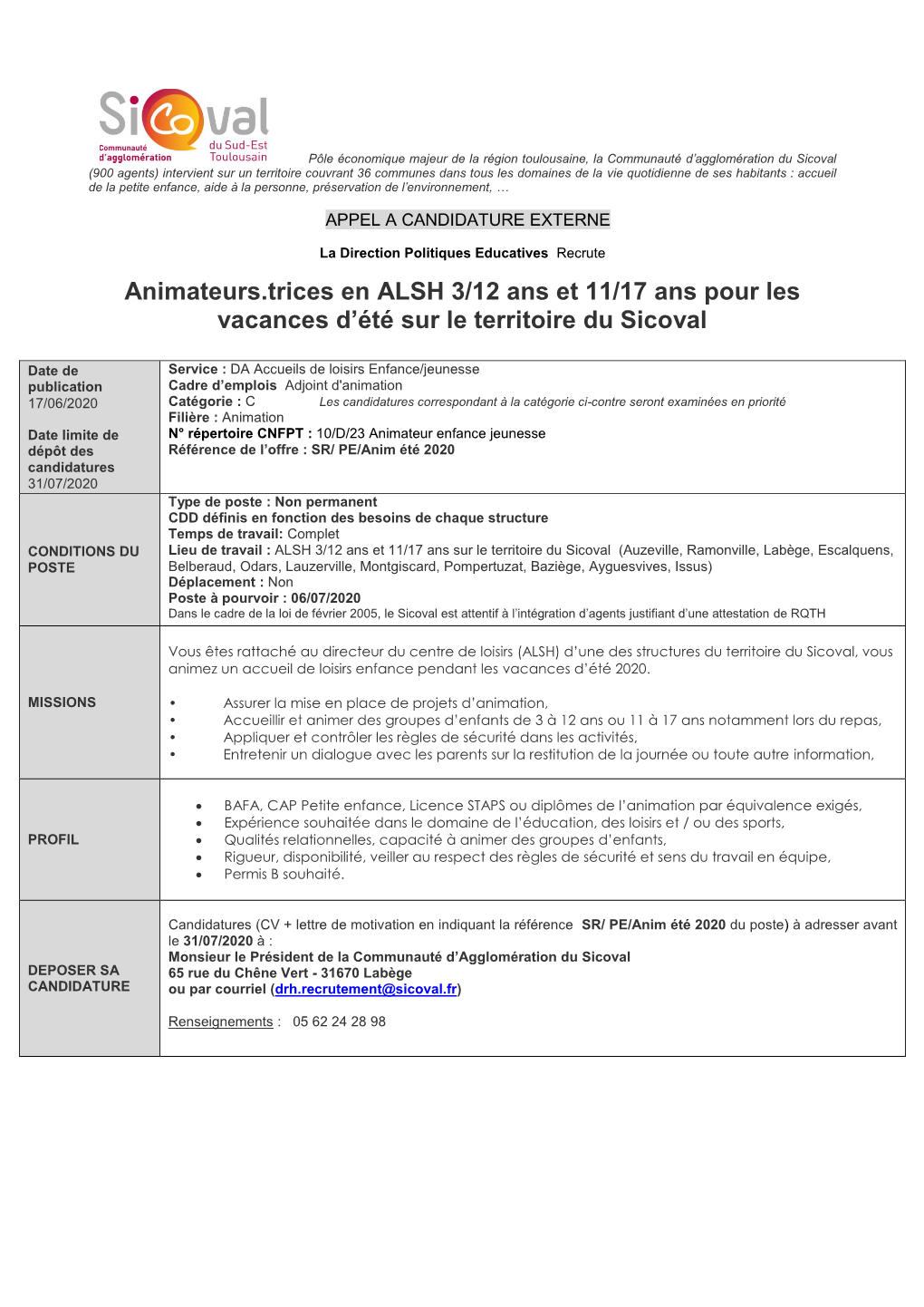 Animateurs.Trices En ALSH 3/12 Ans Et 11/17 Ans Pour Les Vacances D'été