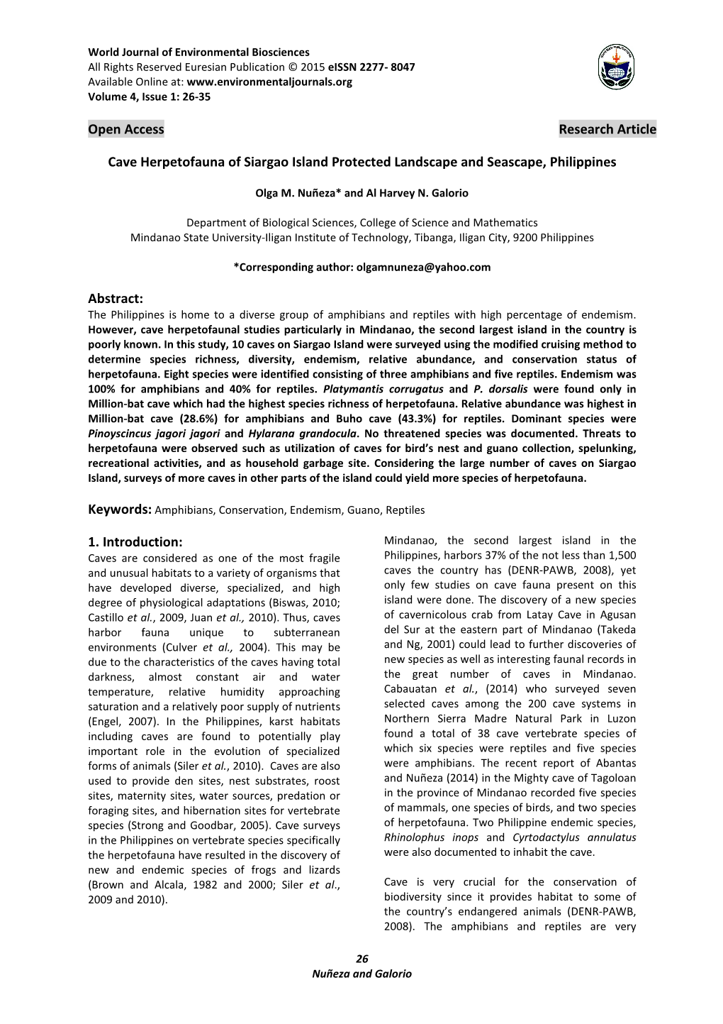 Open Access Research Article Cave Herpetofauna of Siargao Island Protected Landscape and Seascape, Philippines Abstract: 1