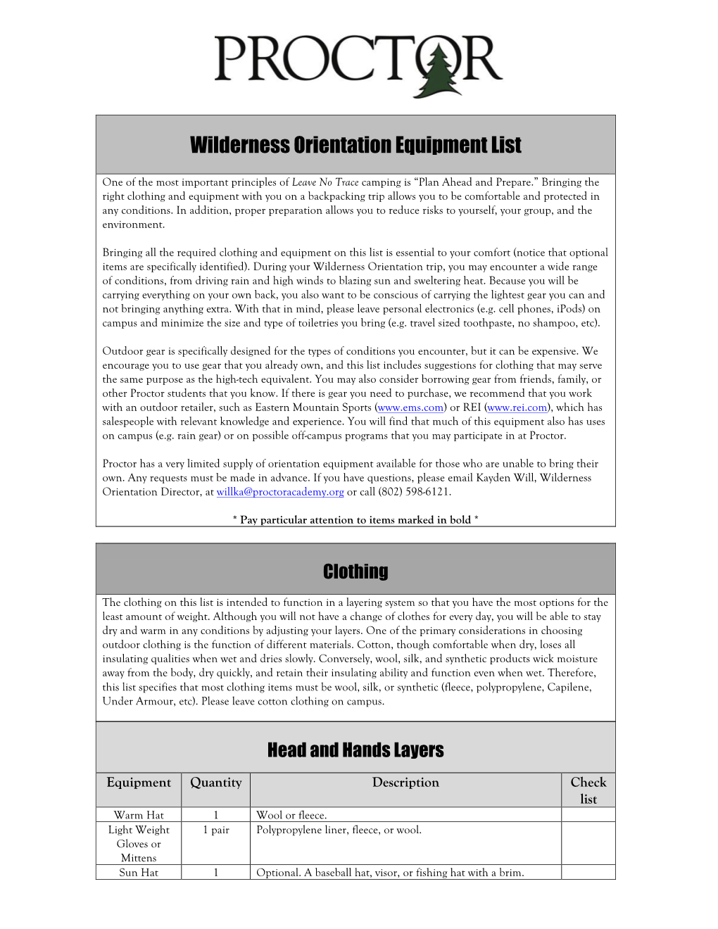 Wilderness Orientation Equipment List