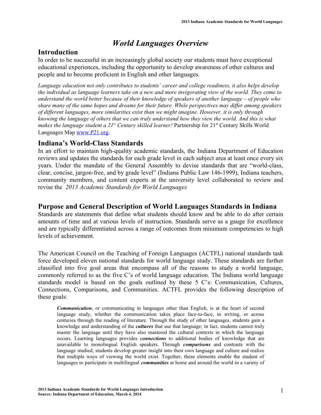 2013 Indiana Academic Standards for World Languages