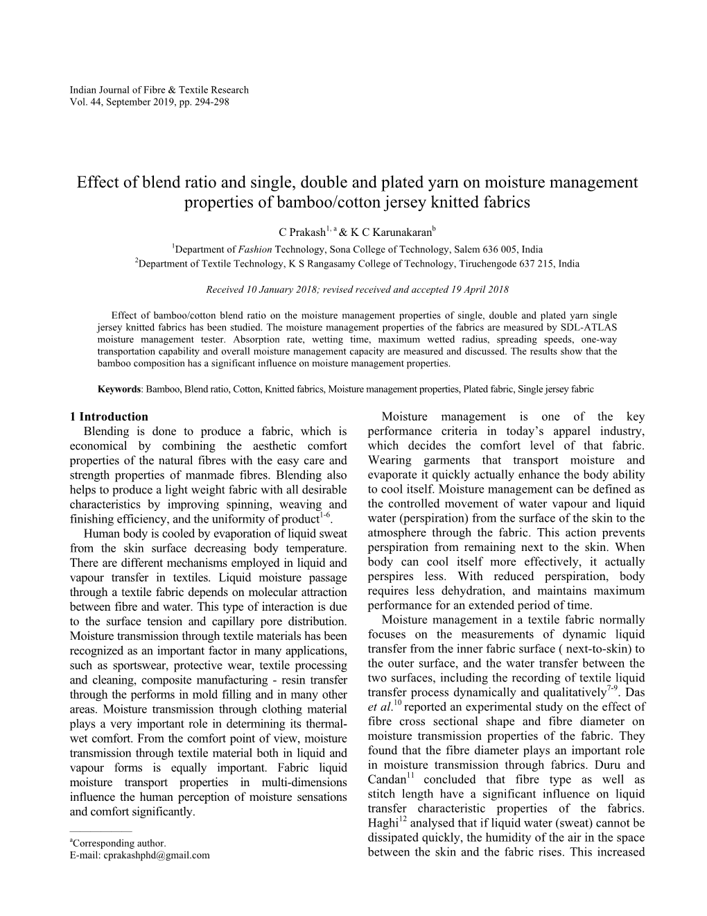 Effect of Blend Ratio and Single, Double and Plated Yarn on Moisture Management Properties of Bamboo/Cotton Jersey Knitted Fabrics