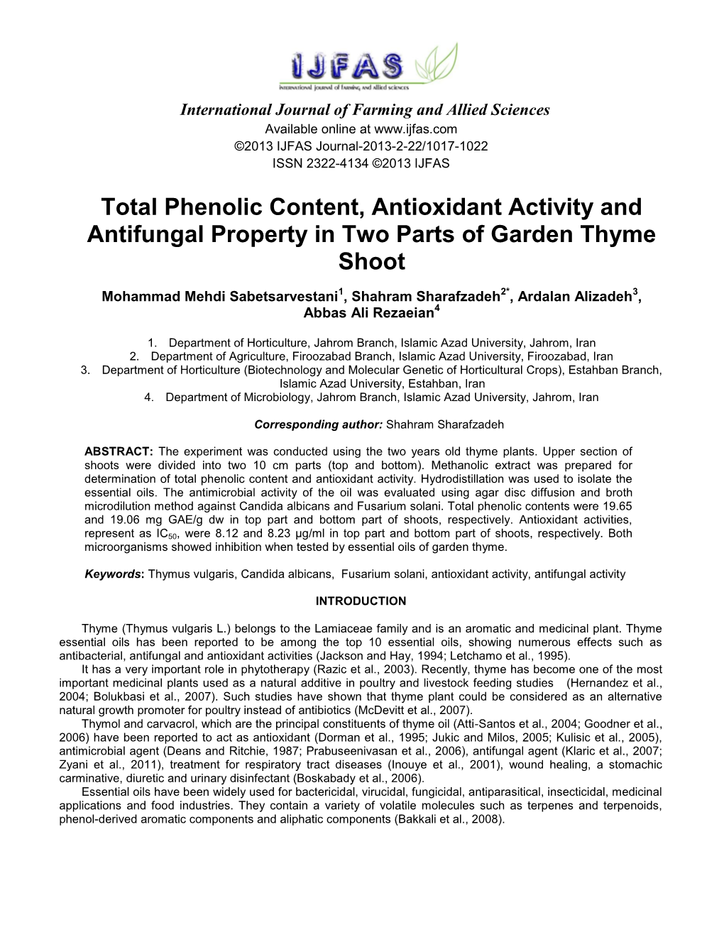 Total Phenolic Content, Antioxidant Activity and Antifungal Property in Two Parts of Garden Thyme Shoot