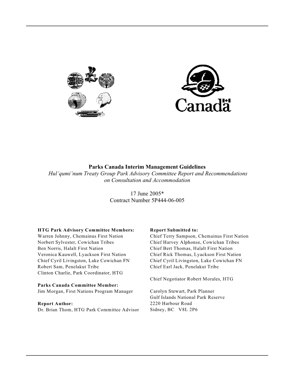 Parks Canada Interim Management Guidelines Hul'qumi'num Treaty