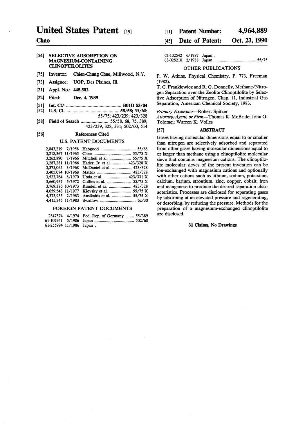 United States Patent (19) 11) Patent Number: 4,964,889 Chao 45 Date of Patent: Oct