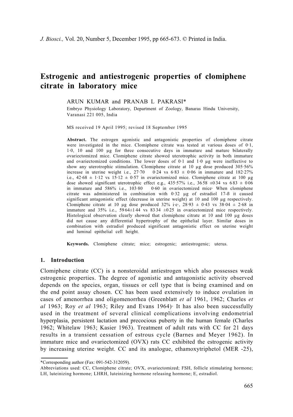 Estrogenic and Antiestrogenic Properties of Clomiphene Citrate in Laboratory Mice