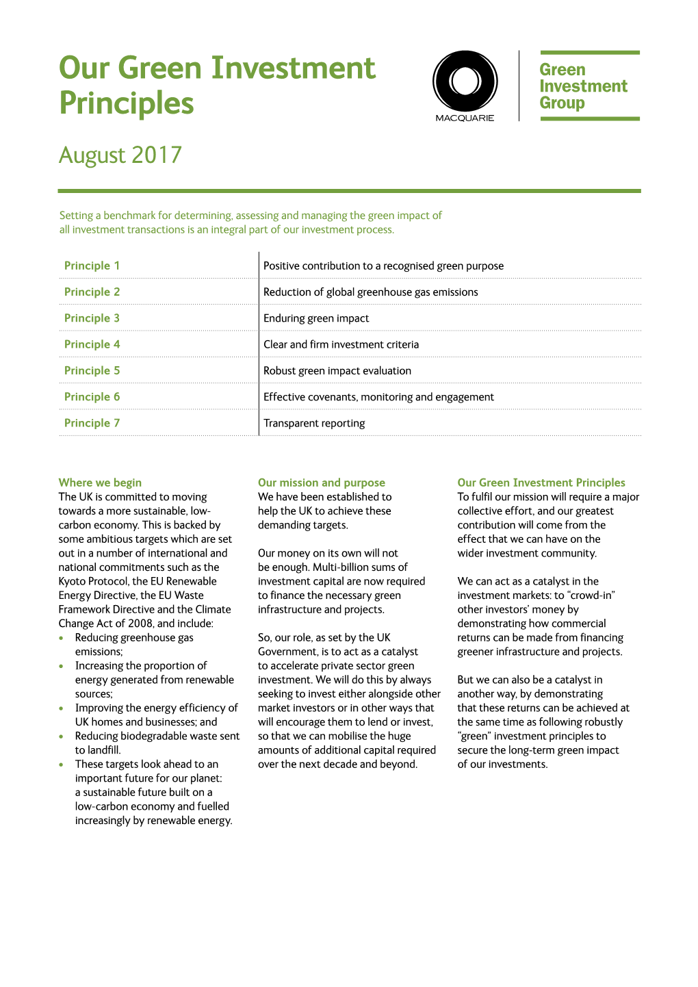 Our Green Investment Principles August 2017
