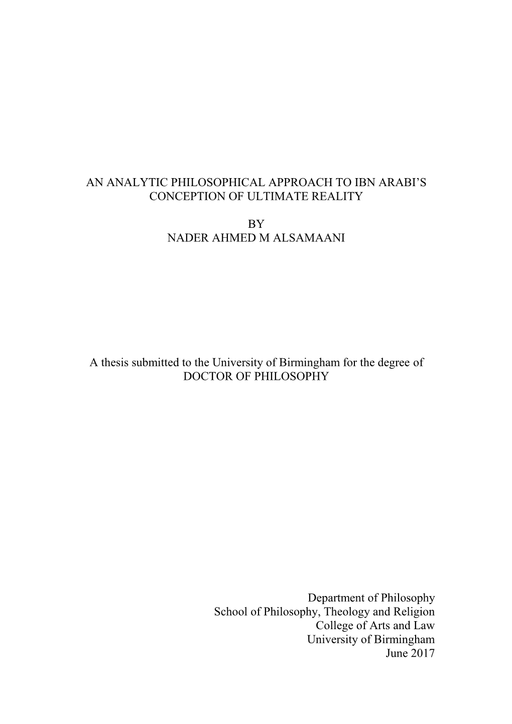 An Analytic Philosophical Approach to Ibn Arabi's Conception of Ultimate