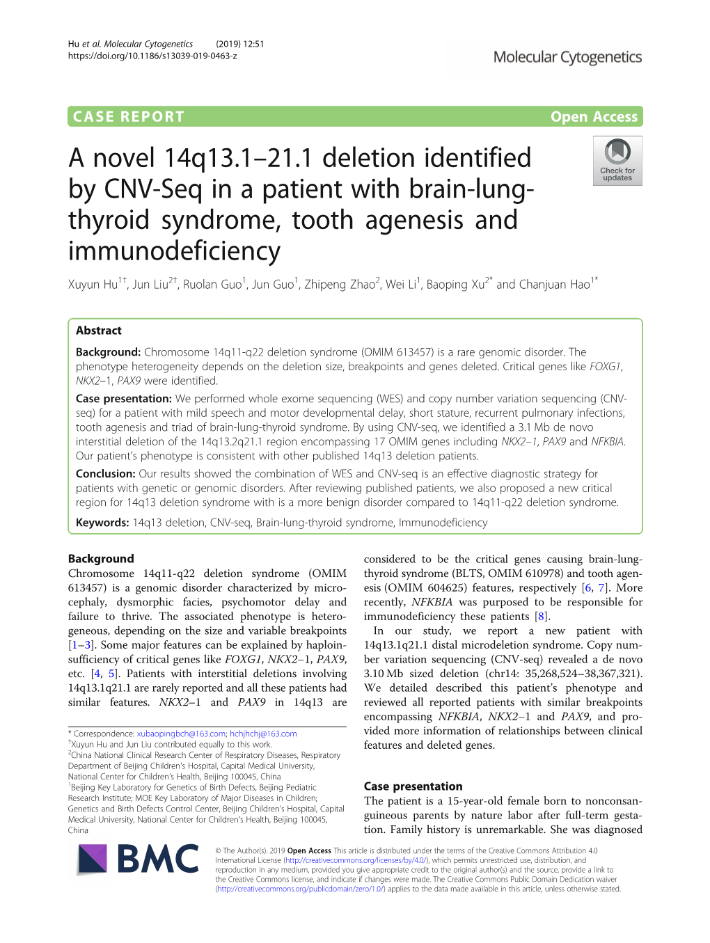 A Novel 14Q13.1–21.1 Deletion Identified by CNV-Seq in a Patient