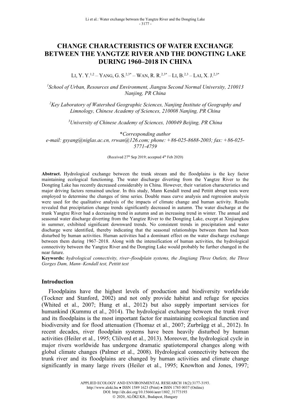 Li, B. – Lai, X. J.: Change Characteristics of Water Exchange Between