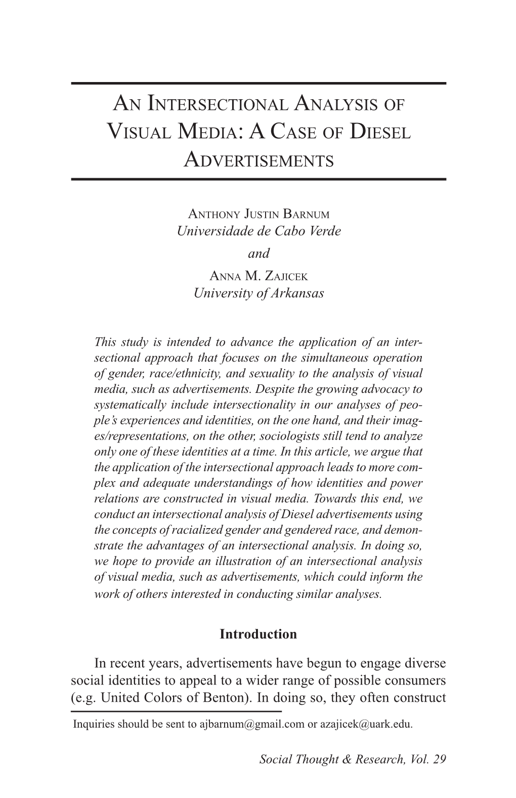 An Intersectional Analysis of Visual Media: a Case of Diesel Advertisements