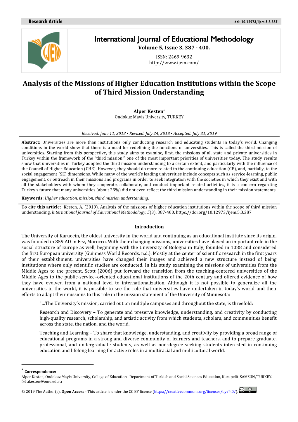 International Journal of Educational Methodology Volume 5, Issue 3, 387 - 400