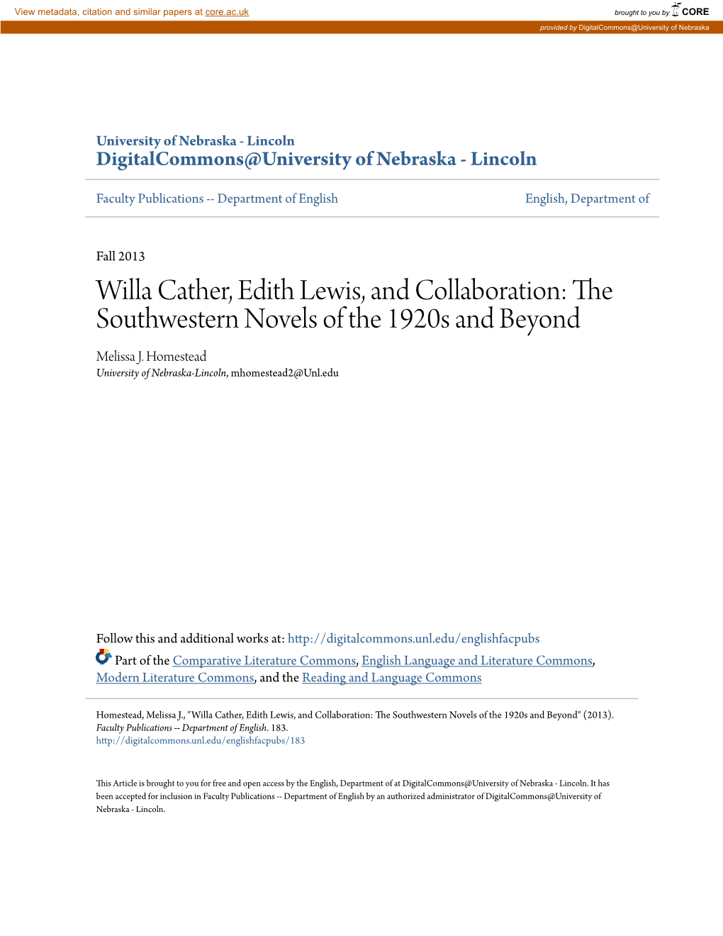 Willa Cather, Edith Lewis, and Collaboration: the Southwestern Novels of the 1920S and Beyond Melissa J