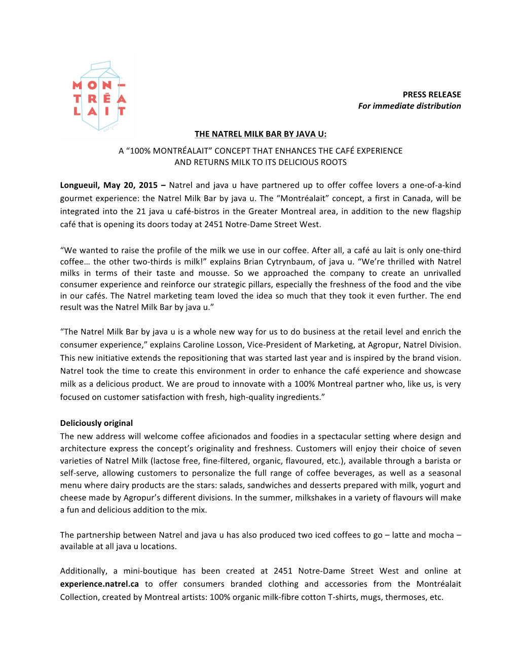 PRESS RELEASE for Immediate Distribution the NATREL MILK