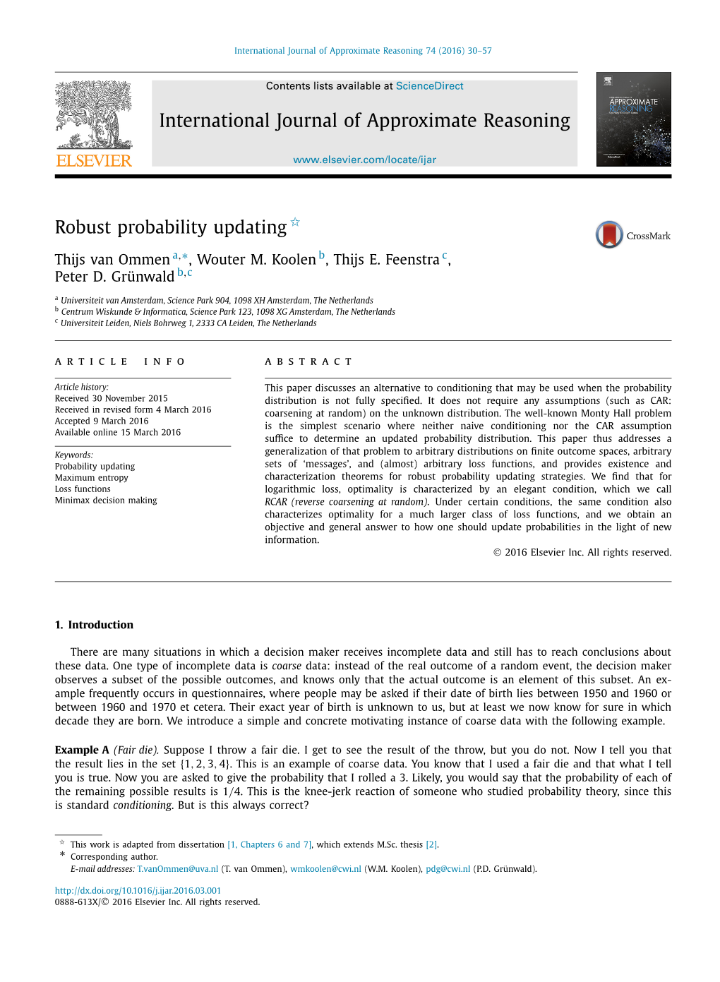 Robust Probability Updating ∗ Thijs Van Ommen A, , Wouter M