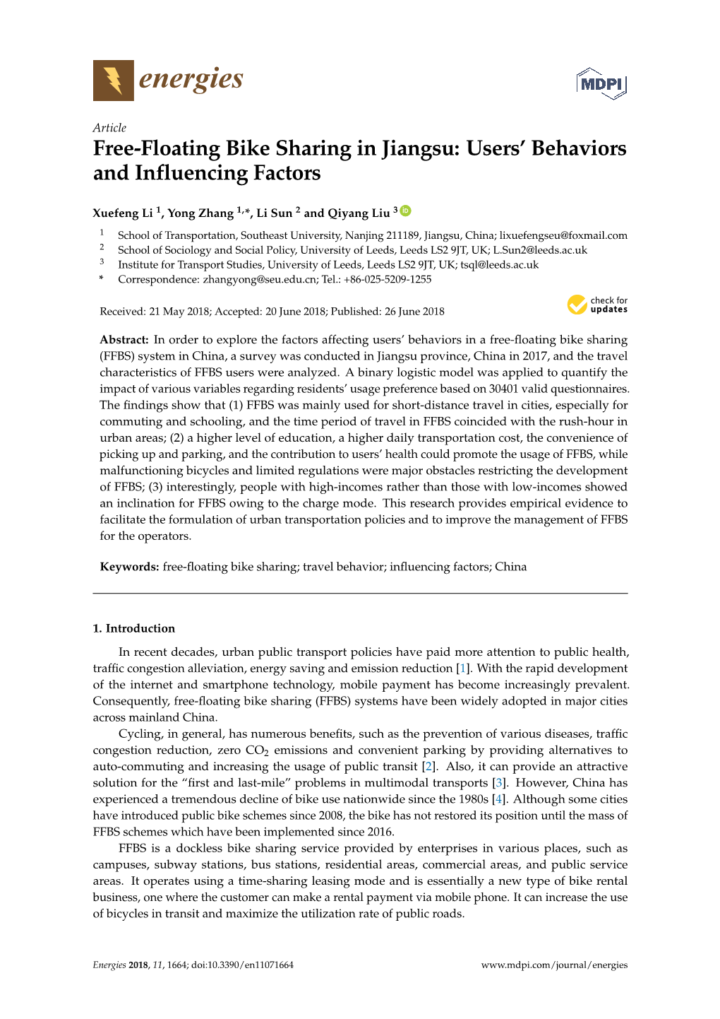 Free-Floating Bike Sharing in Jiangsu: Users’ Behaviors and Influencing Factors