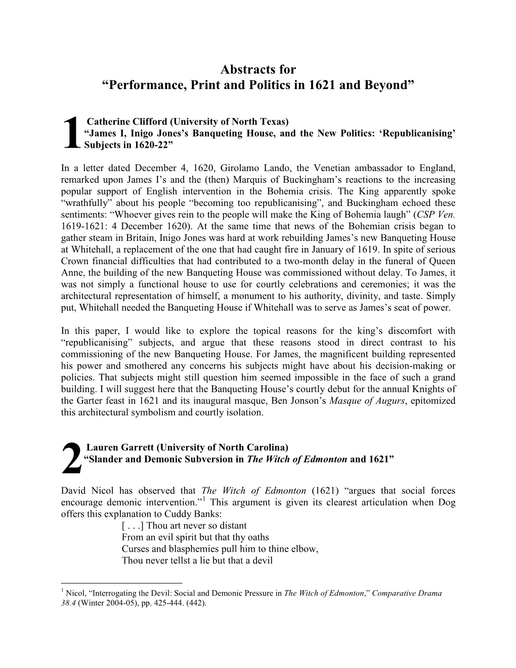 Abstracts for “Performance, Print and Politics in 1621 and Beyond”