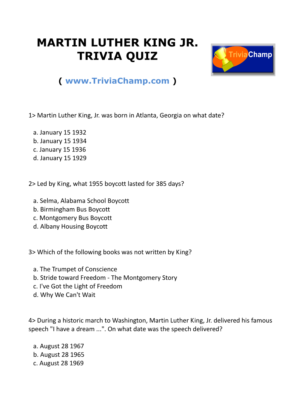 Martin Luther King Jr. Trivia Quiz