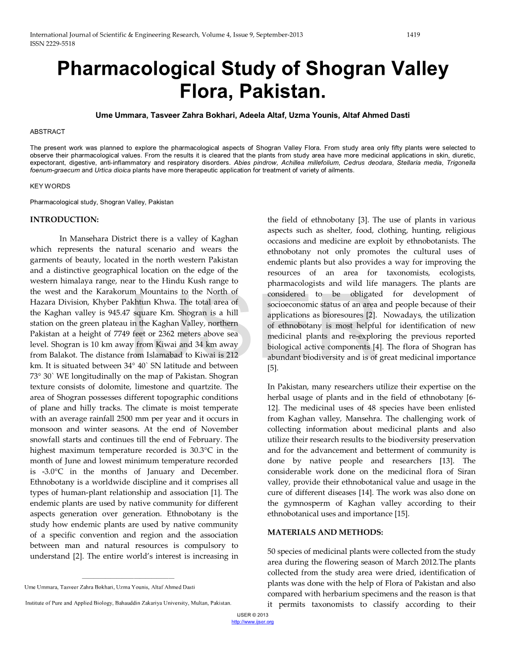 Pharmacological Study of Shogran Valley Flora, Pakistan