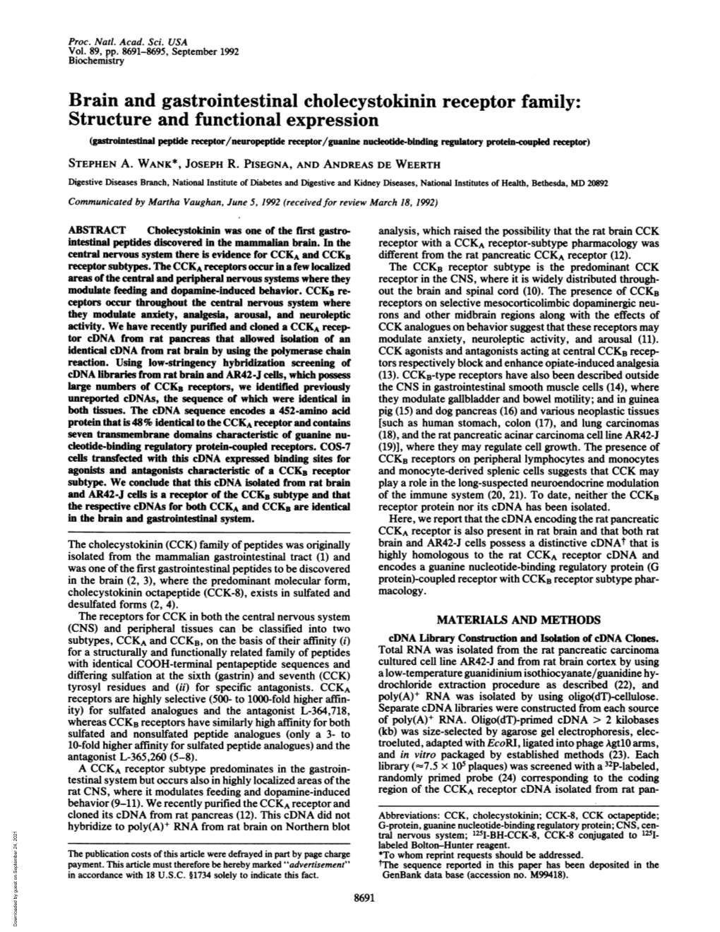 Brain and Gastrointestinal Cholecystokinin Receptor Family