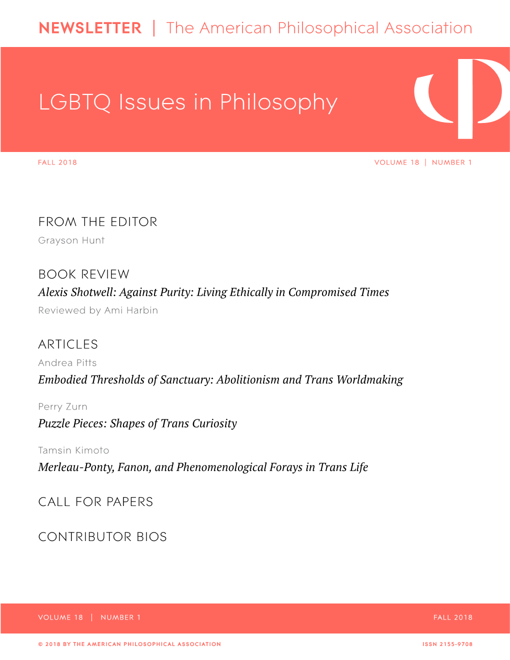 APA Newsletter on LGBTQ Issues in Philosophy, Vol. 18, No. 1