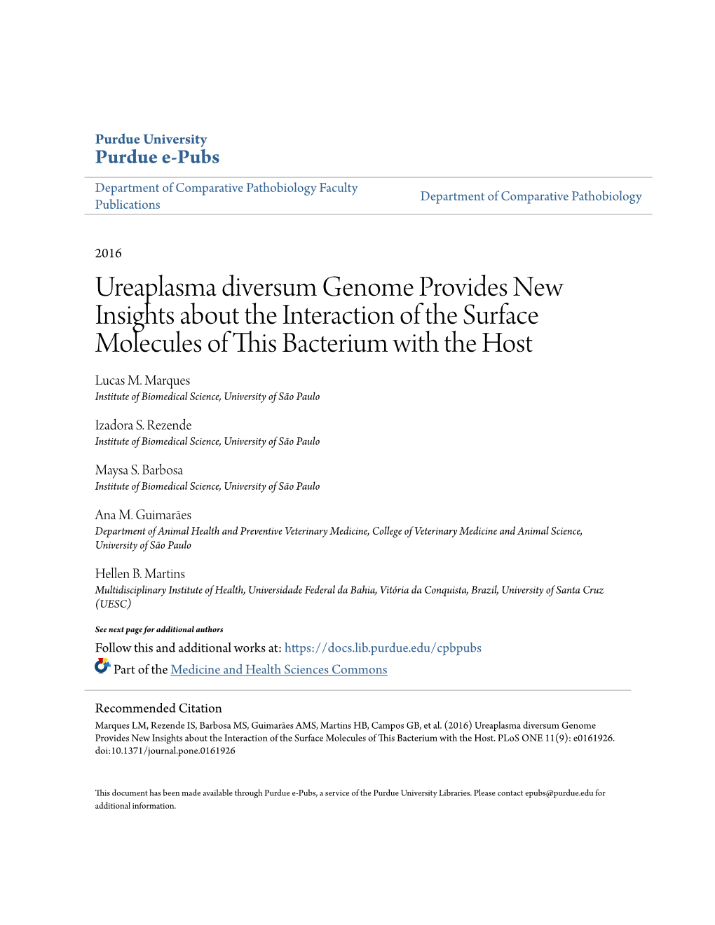 Ureaplasma Diversum Genome Provides New Insights About the Interaction of the Surface Molecules of This Bacterium with the Host Lucas M