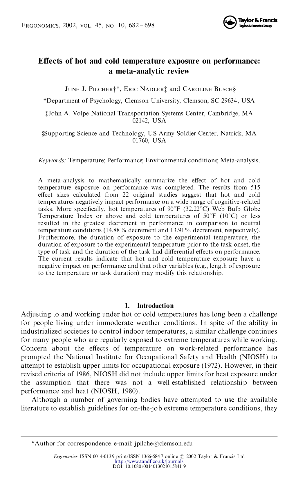 Evects of Hot and Cold Temperature Exposure on Performance: a Meta-Analytic Review